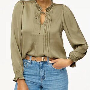 NEW WITH TAGS J Crew Petite Ruffleneck Pintuck Blouse, Small Petite, Olive Green